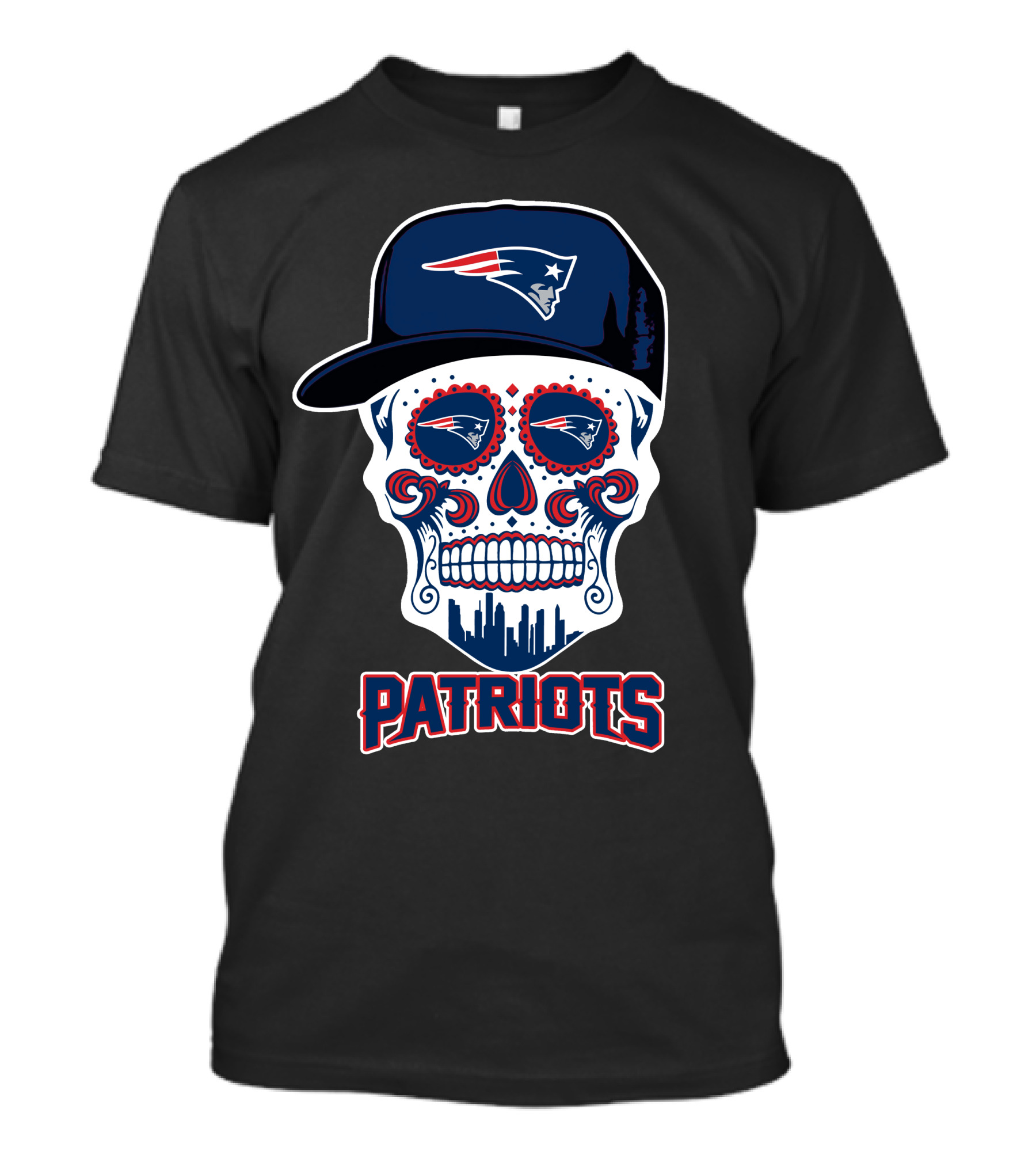 New England Patriots Skull With Hat And Cityscape T-Shirt