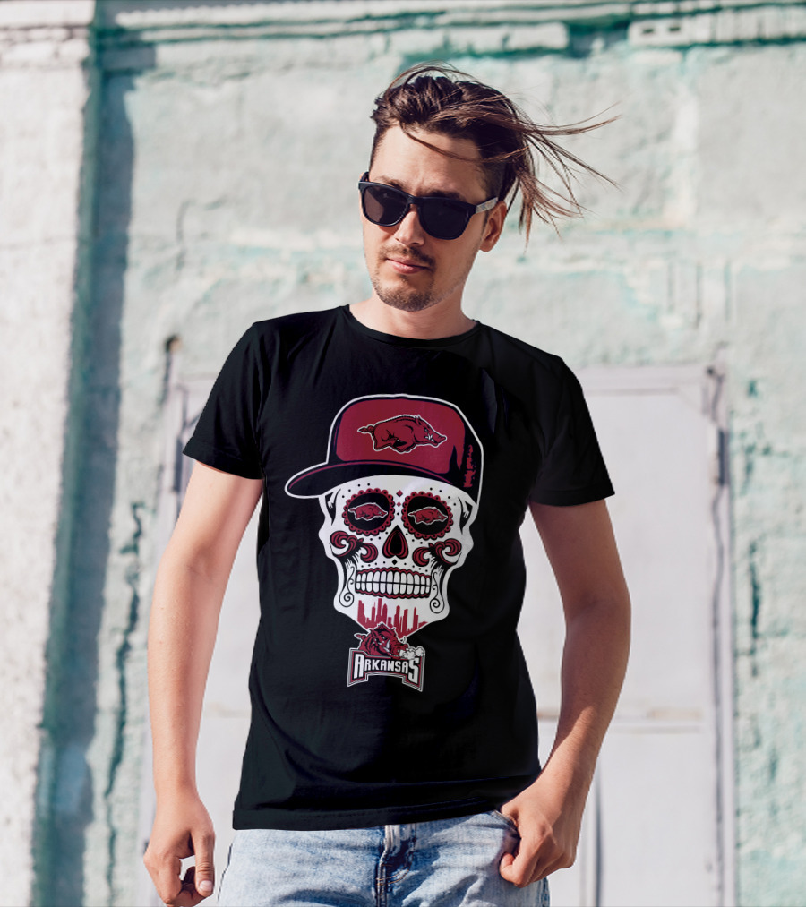 Arkansas Razorbacks Sugar Skull With Hat And Hog Logos T-Shirt