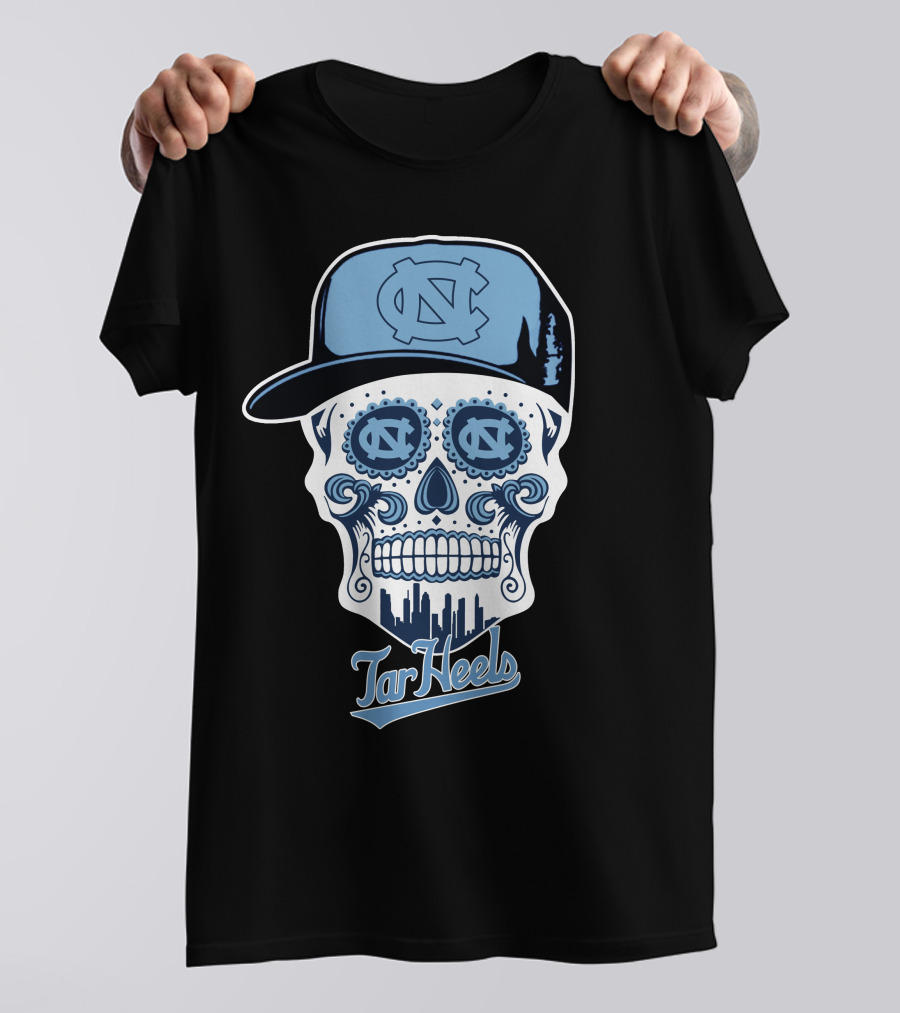 North Carolina Tar Heels Sugar Skull With Hat And Cityscape T-Shirt