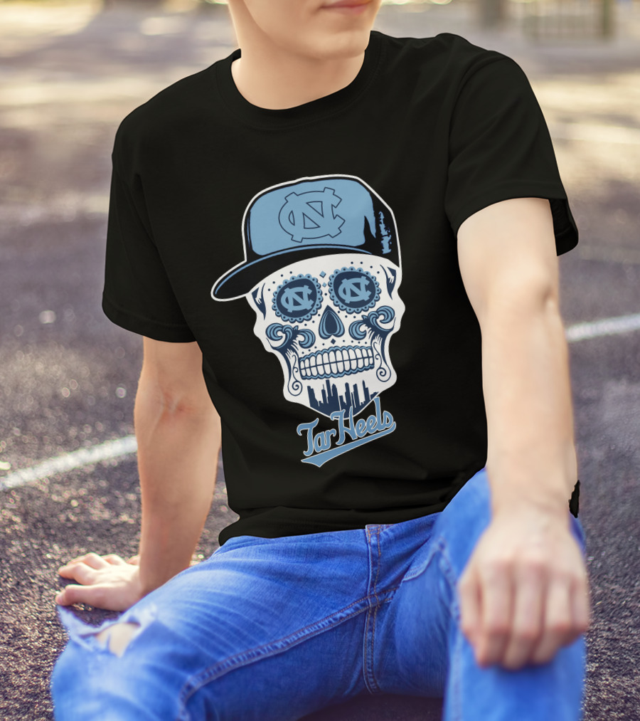 North Carolina Tar Heels Sugar Skull With Hat And Cityscape T-Shirt