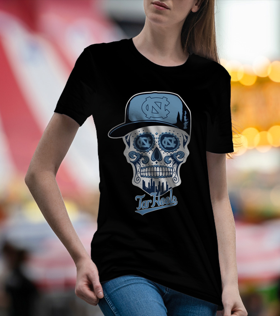 North Carolina Tar Heels Sugar Skull With Hat And Cityscape T-Shirt