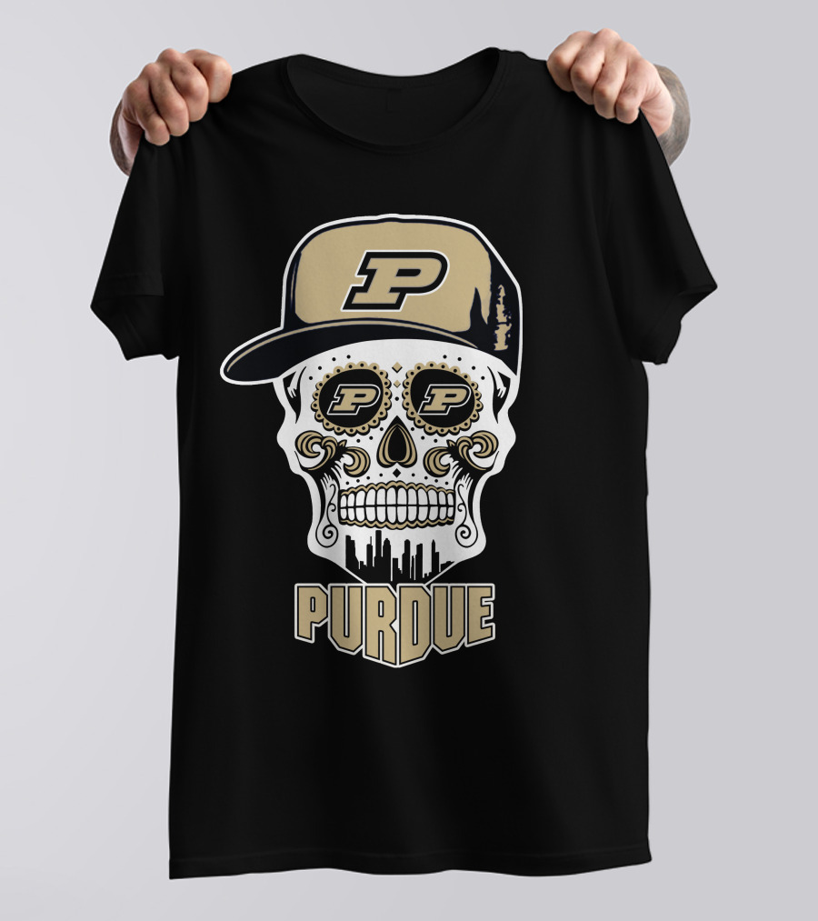 Purdue Boilermakers Skull With Cap And Urban Skyline T-Shirt