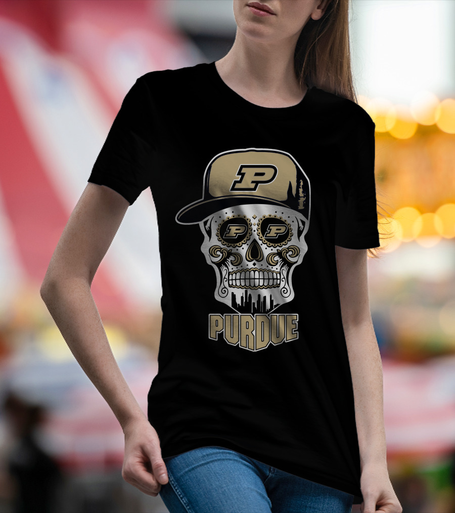 Purdue Boilermakers Skull With Cap And Urban Skyline T-Shirt