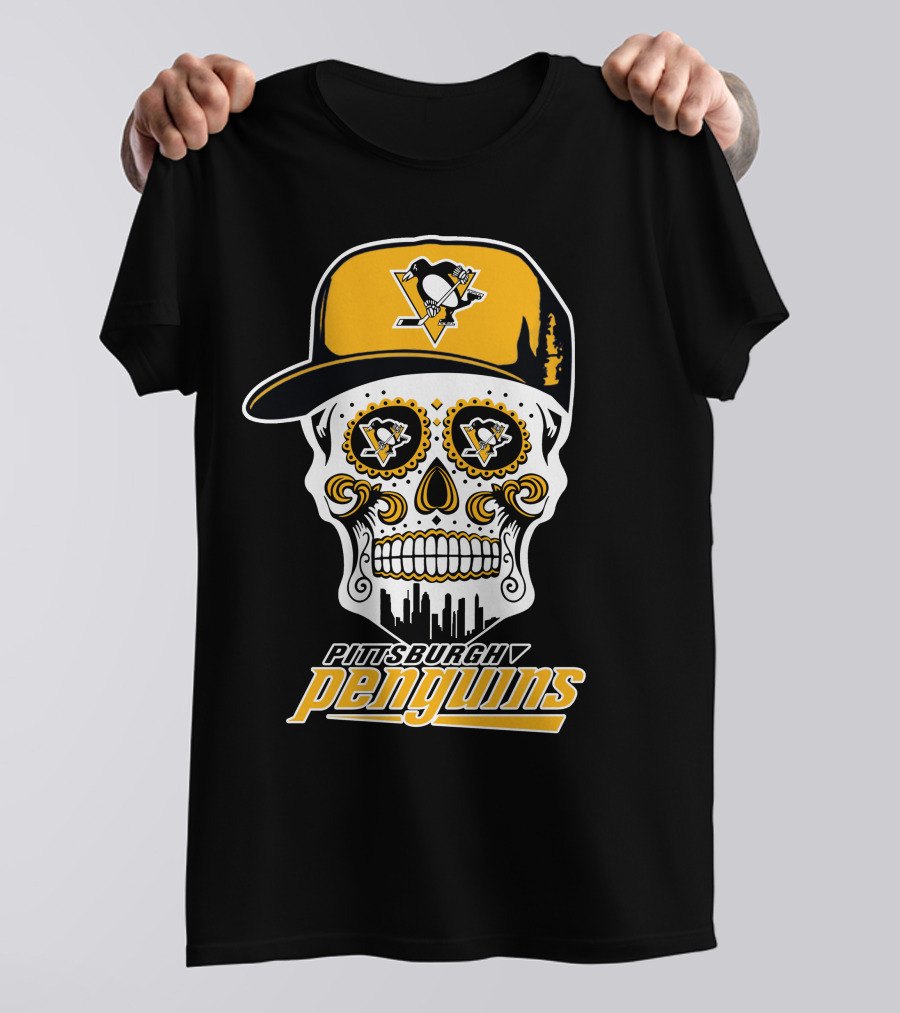 Pittsburgh Penguins Skull Hat Logo Skyline T-Shirt