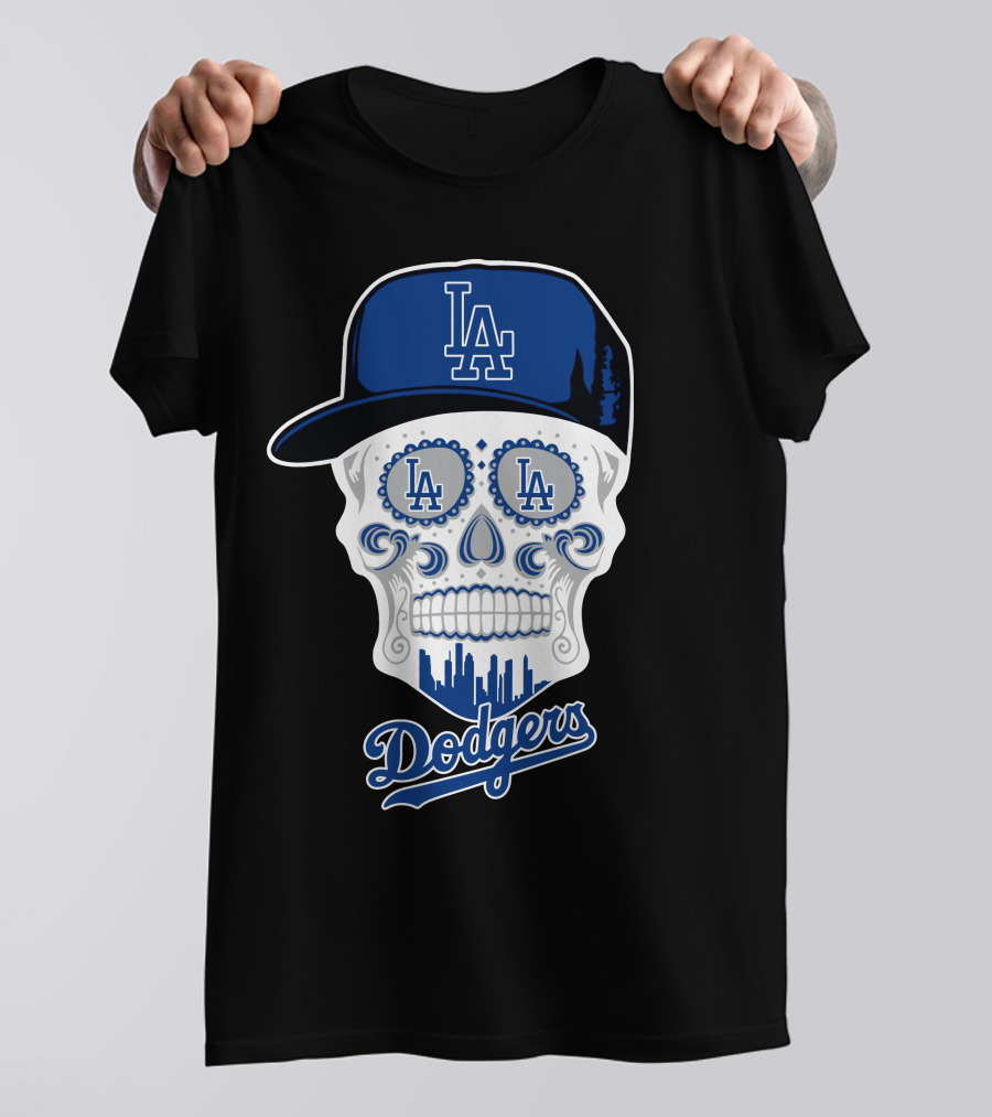 Los Angeles Dodgers Skull La Hat Blue City Skyline T-Shirt