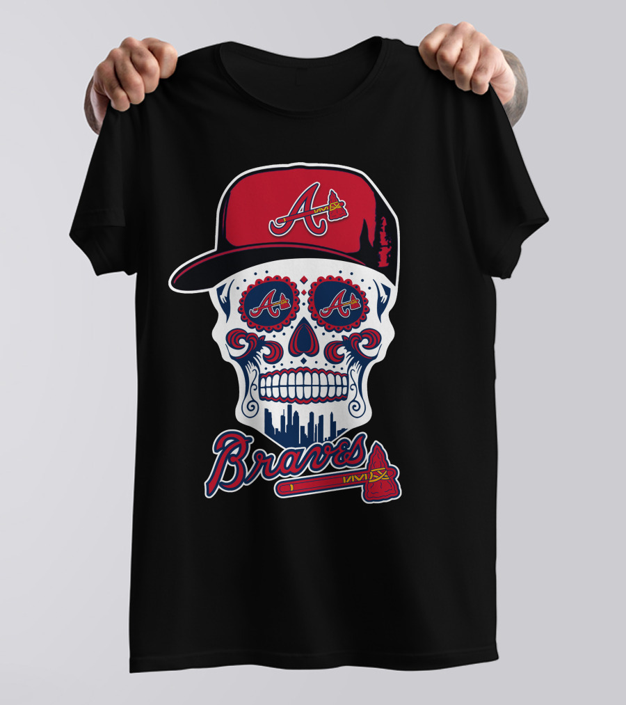 Braves Skull With Red Cap And Tomahawk Elements T-Shirt