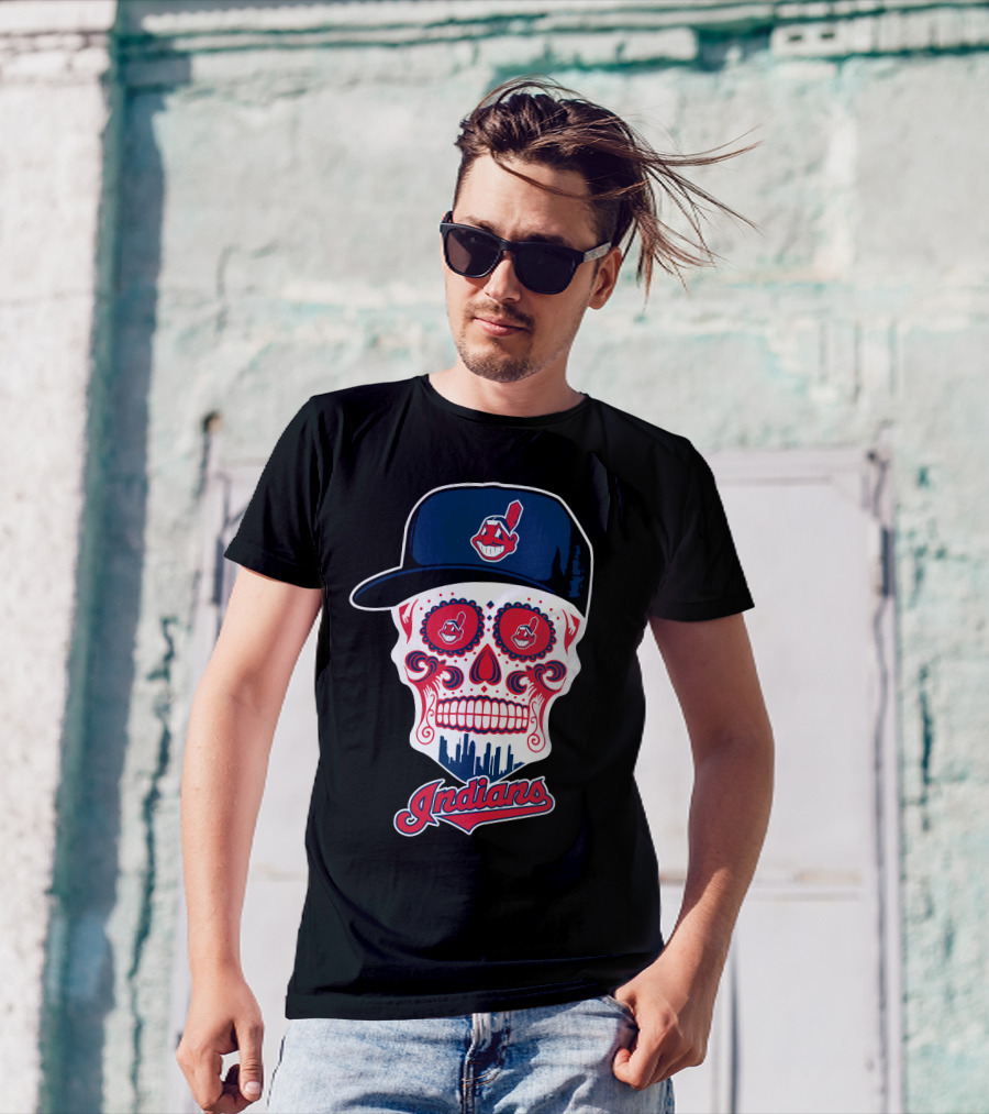 Cleveland Indians Sugar Skull With Baseball Cap And Skyline T-Shirt