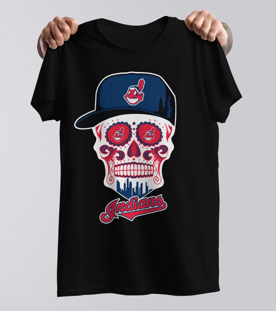 Cleveland Indians Sugar Skull With Baseball Cap And Skyline T-Shirt