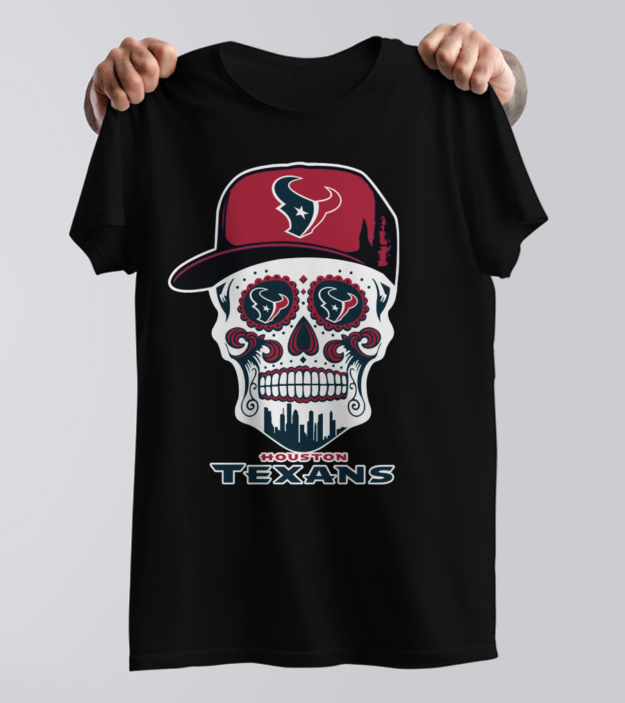Houston Texans Skull With Cap And City Skyline T-Shirt