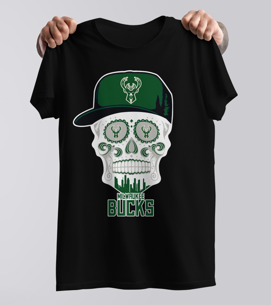 Milwaukee Bucks Skull With Cap And Skyline T-Shirt