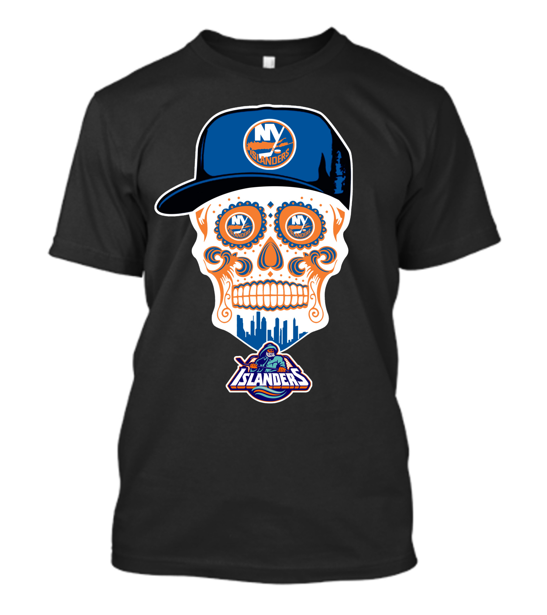 Ny Islanders Skull Logo With Cap And Cityscape T-Shirt