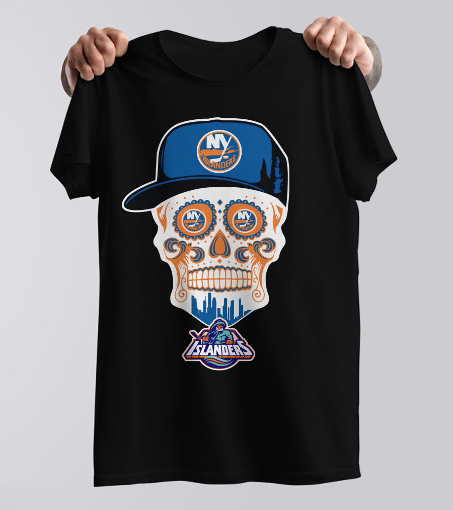 Ny Islanders Skull Logo With Cap And Cityscape T-Shirt