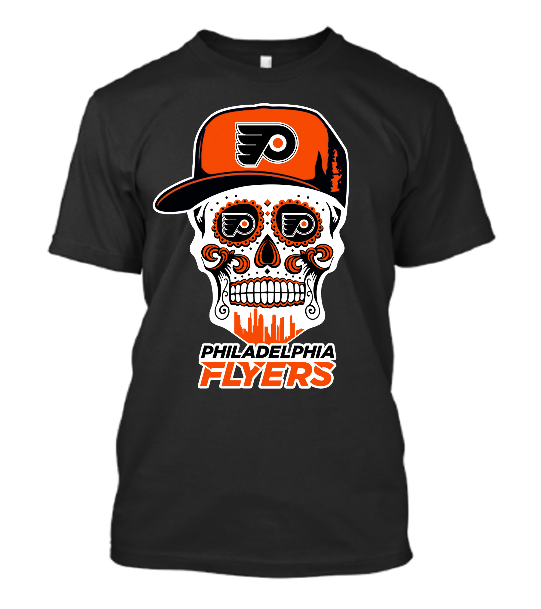 Philadelphia Flyers Skull Art With Cap And Skyline T-Shirt