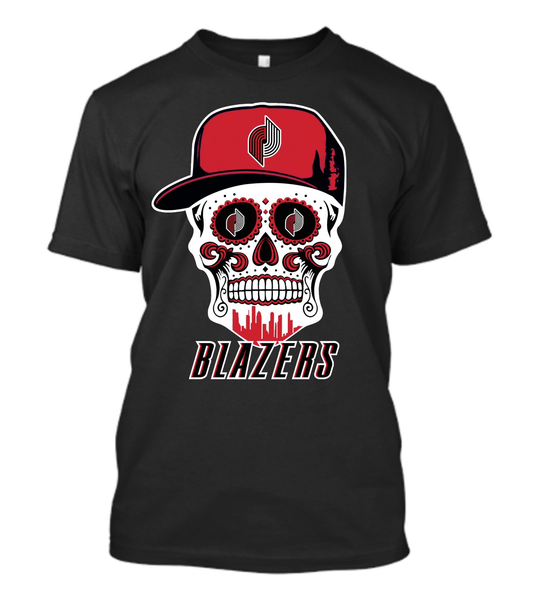 Blazers Skull With Hat And Cityscape Elements T-Shirt