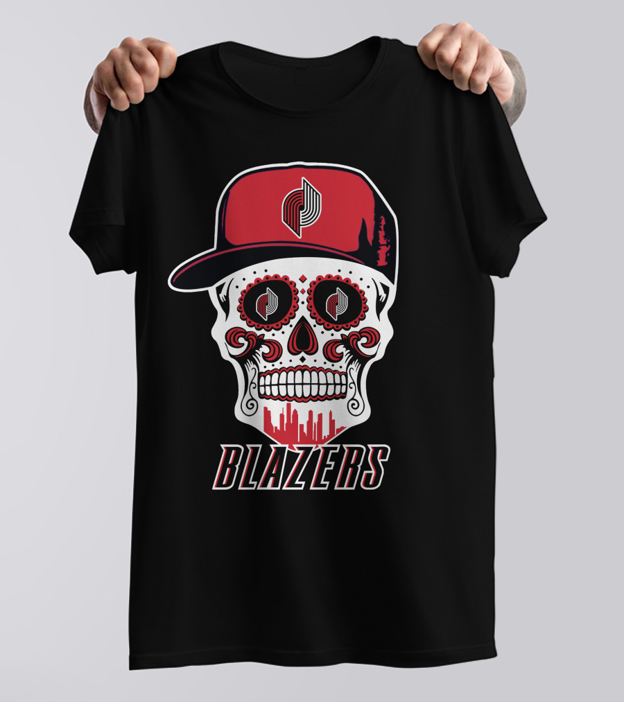Blazers Skull With Hat And Cityscape Elements T-Shirt