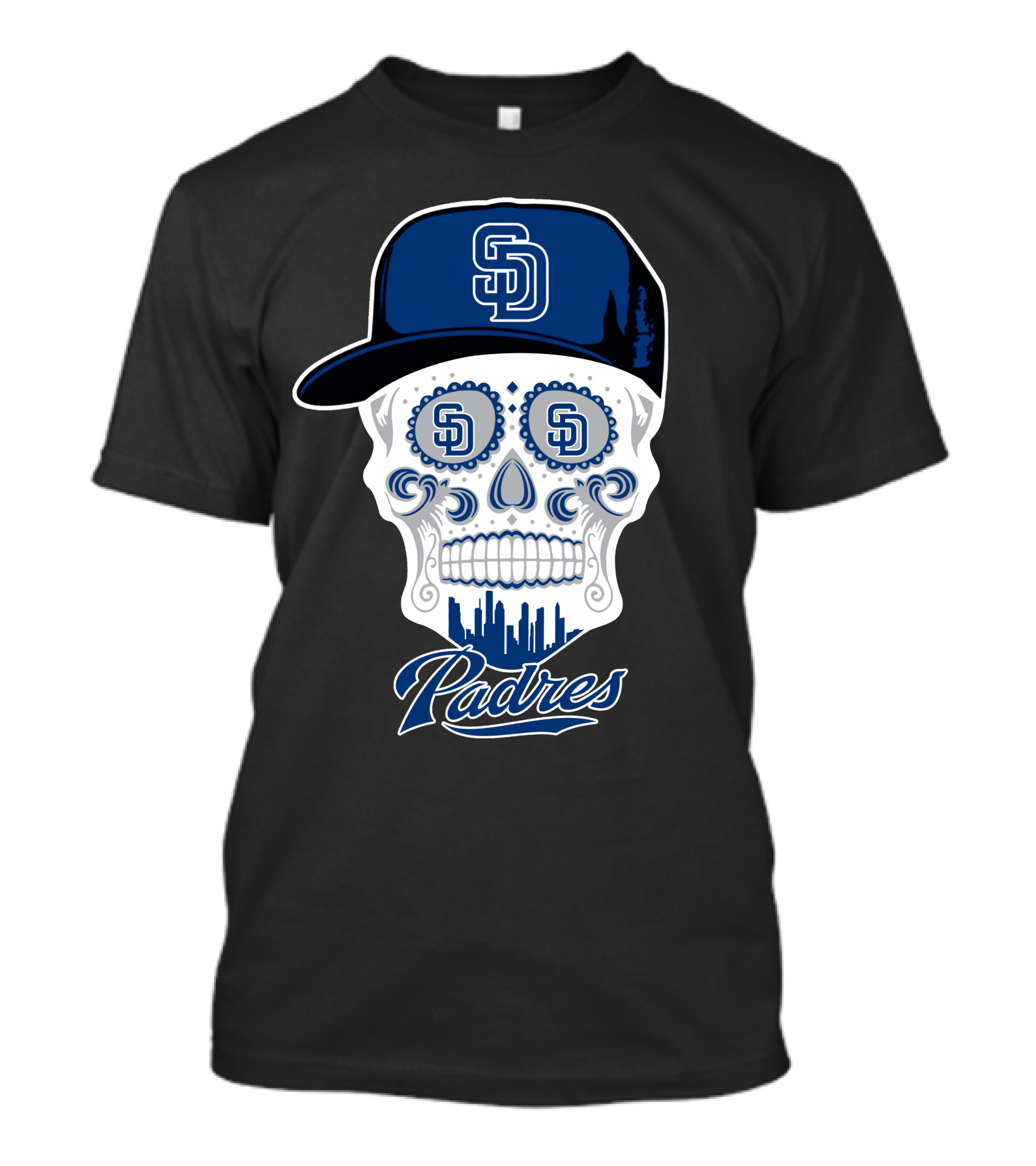 San Diego Padres Skull Design With Sd Cap And Cityscape Elements T-Shirt