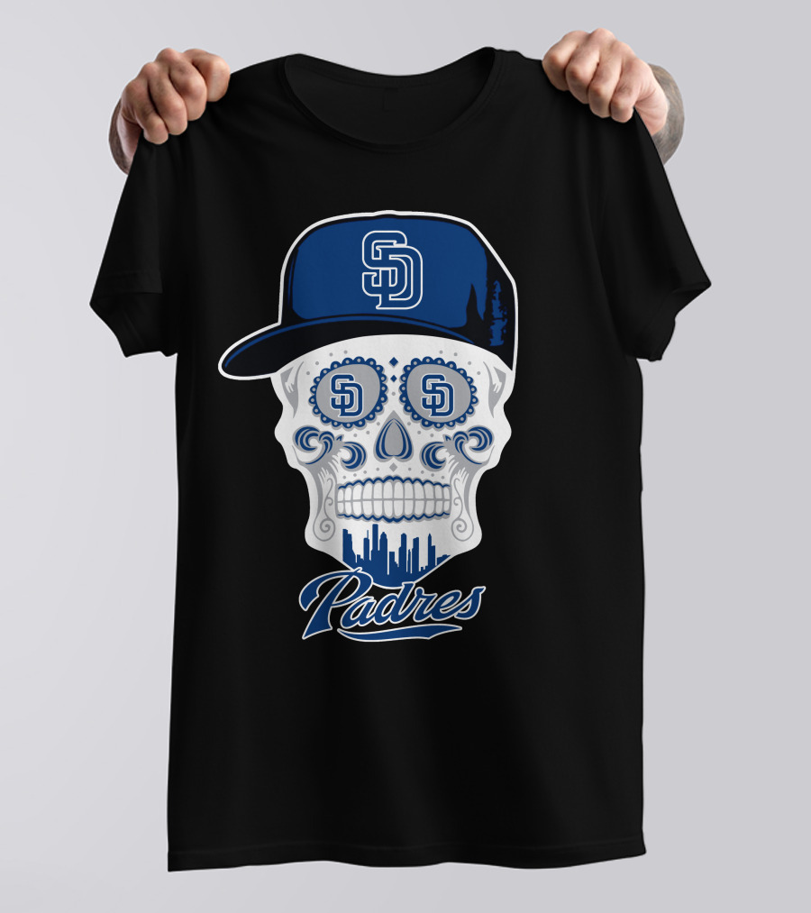 San Diego Padres Skull Design With Sd Cap And Cityscape Elements T-Shirt