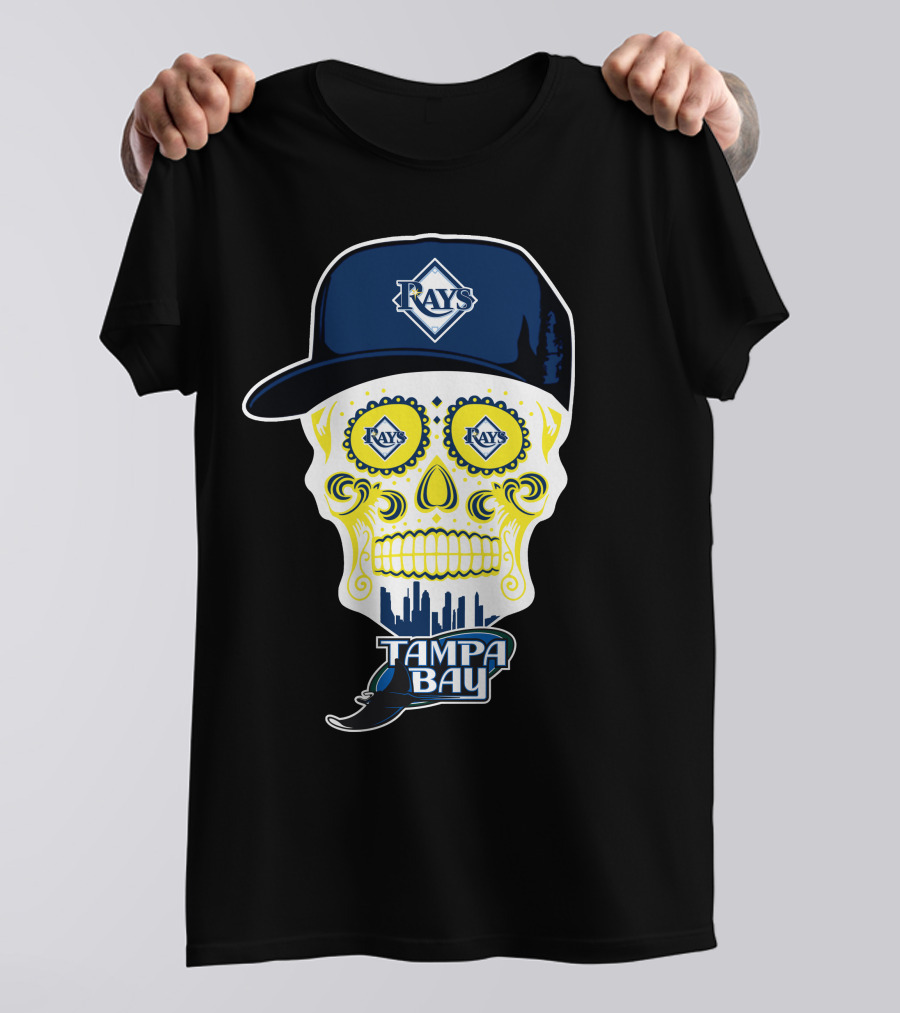 Tampa Bay Rays Skull With Hat And City Skyline T-Shirt