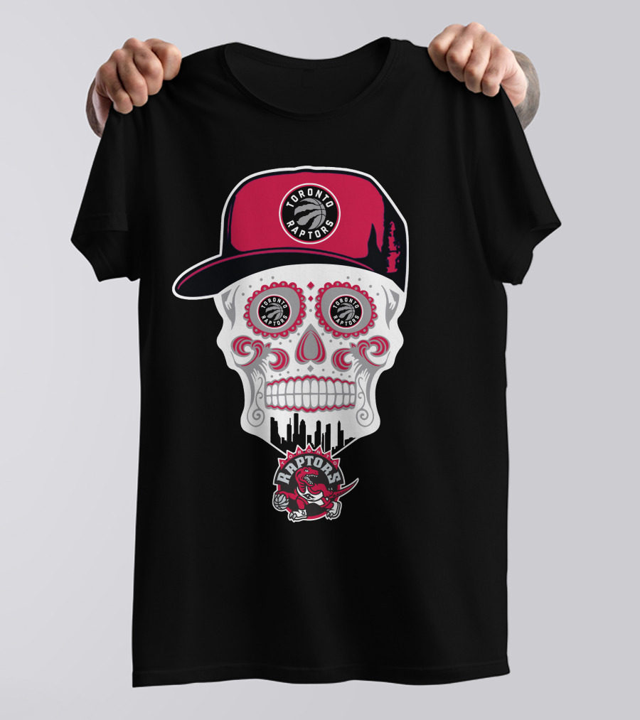 Toronto Raptors Logo Skull With Hat And Skyline T-Shirt