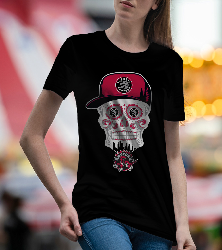 Toronto Raptors Logo Skull With Hat And Skyline T-Shirt