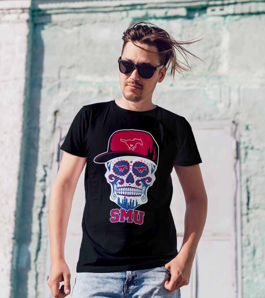 Smu Mustangs Skull With Hat And Skyline T-Shirt