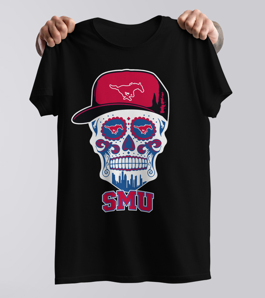 Smu Mustangs Skull With Hat And Skyline T-Shirt
