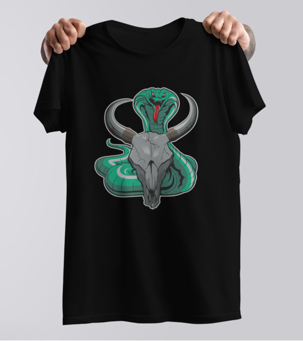 Serpent Skull Snake Coiled Around Ram Skull Horns T-Shirt