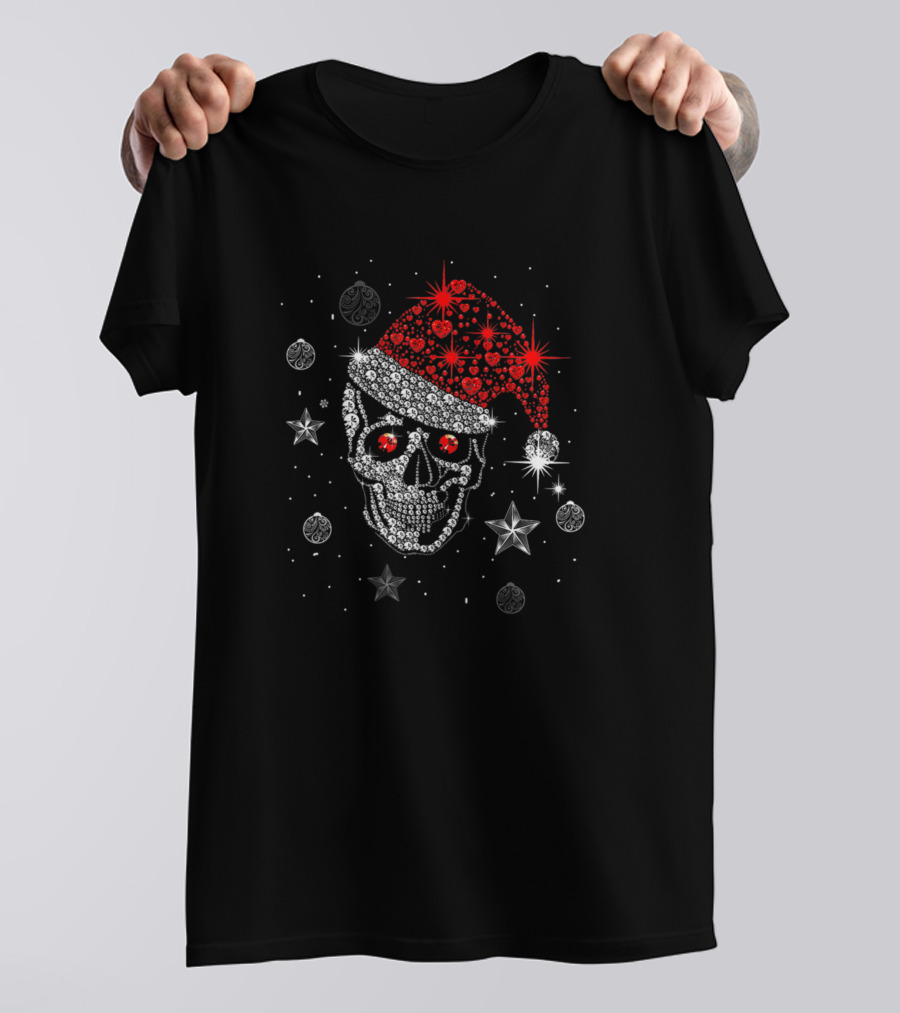 Skull Diamond Santa Hat Festive Crystal Emblem T-Shirt