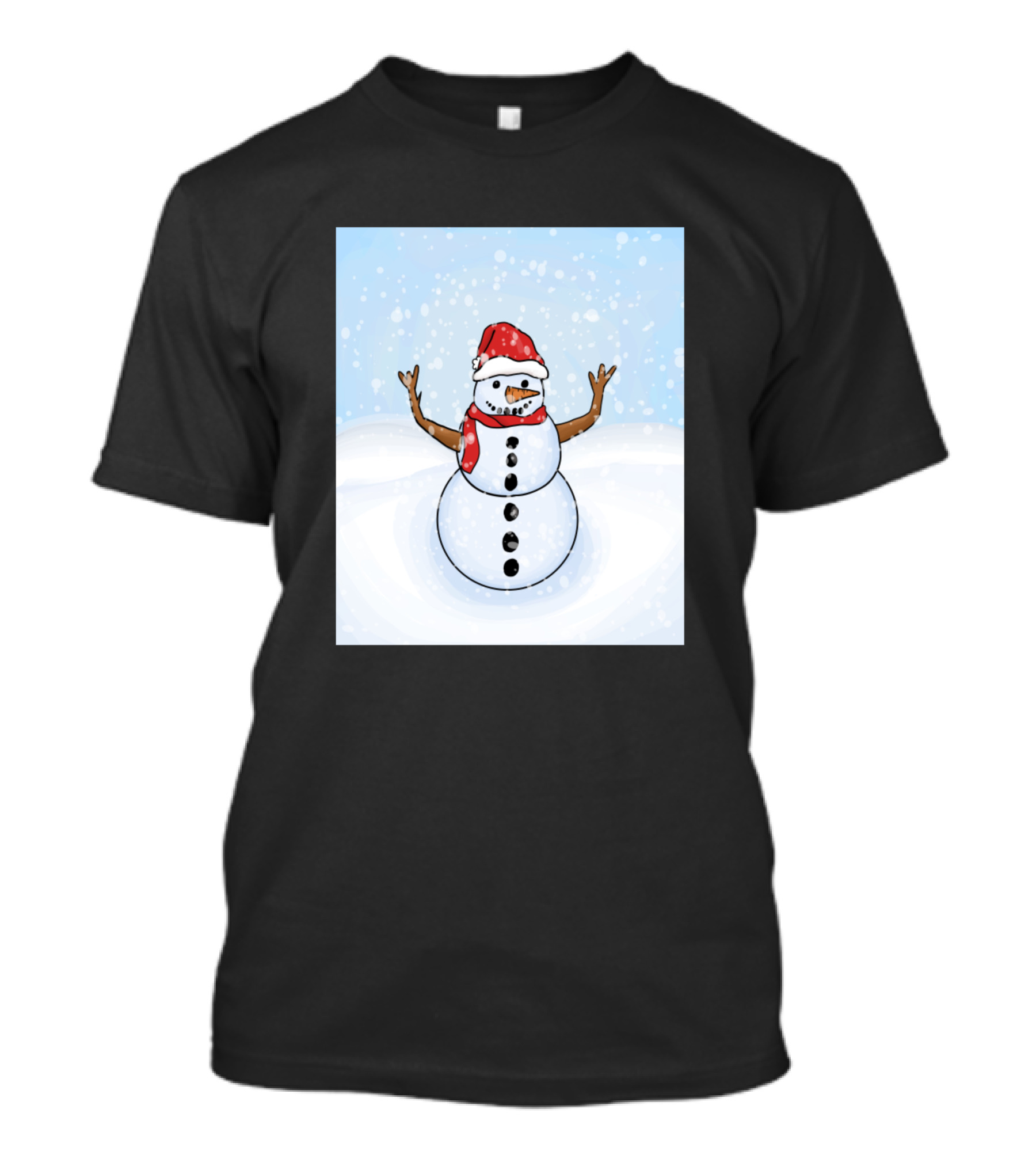 Snowman In Santa Hat With Red Scarf In Snowy Scene T-Shirt