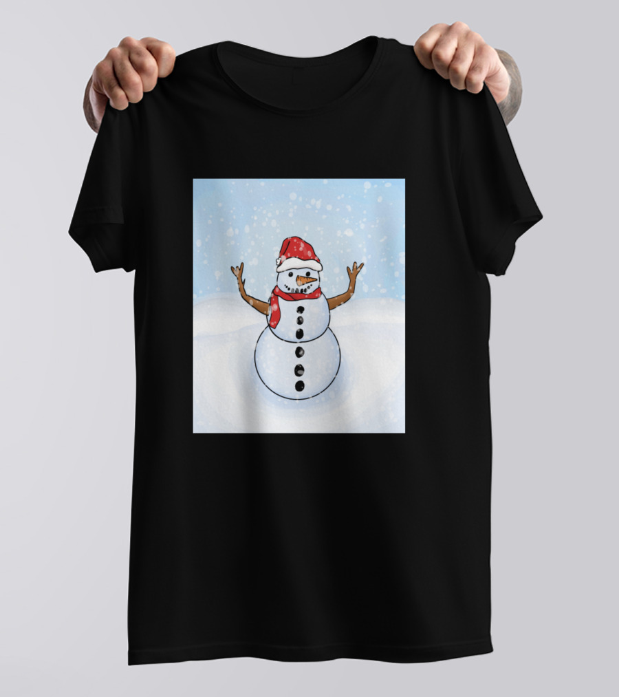 Snowman In Santa Hat With Red Scarf In Snowy Scene T-Shirt