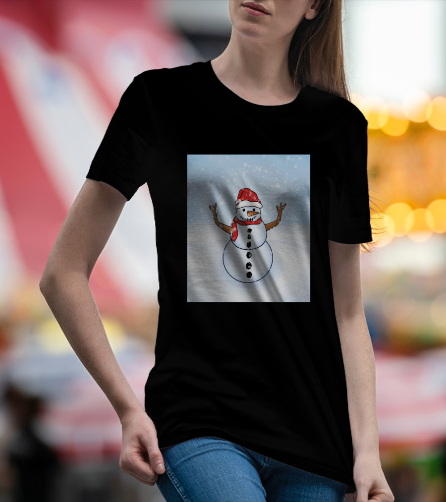 Snowman In Santa Hat With Red Scarf In Snowy Scene T-Shirt