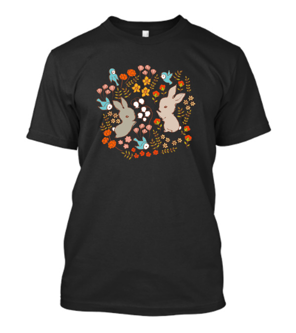 Vintage Bunnies Surrounded By Spring Flowers And Birds T-Shirt