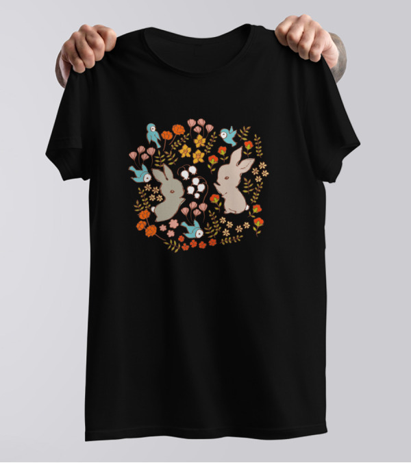 Vintage Bunnies Surrounded By Spring Flowers And Birds T-Shirt