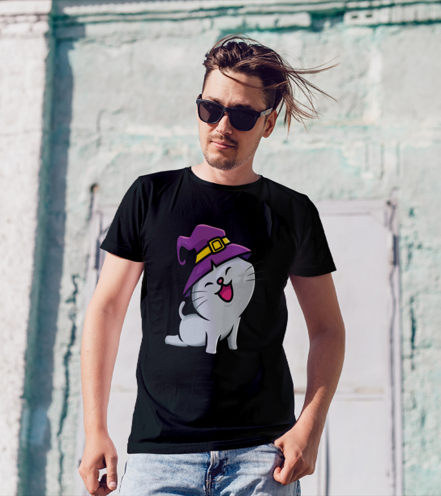Wizzard Cat With Purple Wizard Hat And Happy Expression T-Shirt