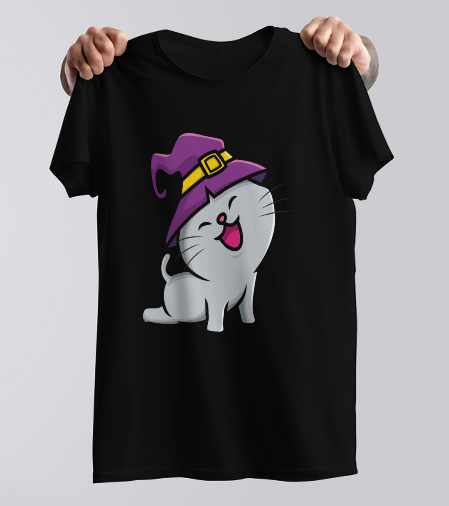 Wizzard Cat With Purple Wizard Hat And Happy Expression T-Shirt