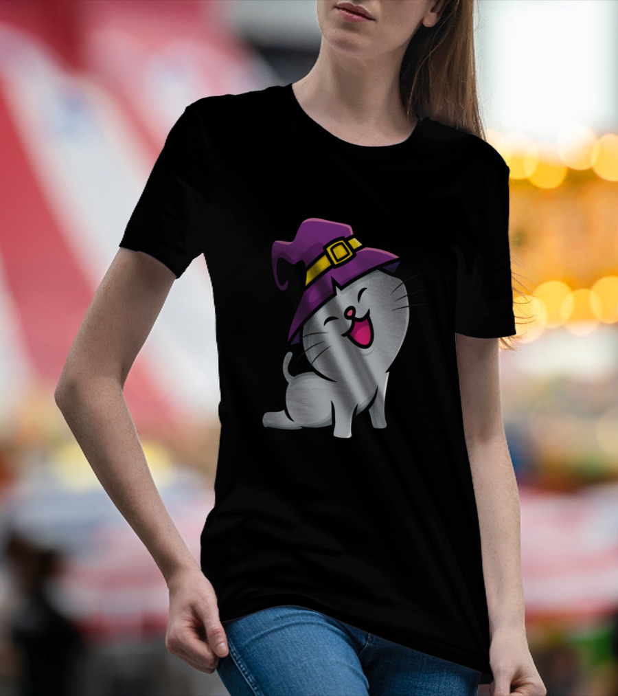 Wizzard Cat With Purple Wizard Hat And Happy Expression T-Shirt