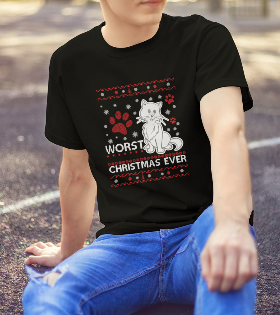 Worst Christmas Ever Cat Paw Print Holiday T-Shirt