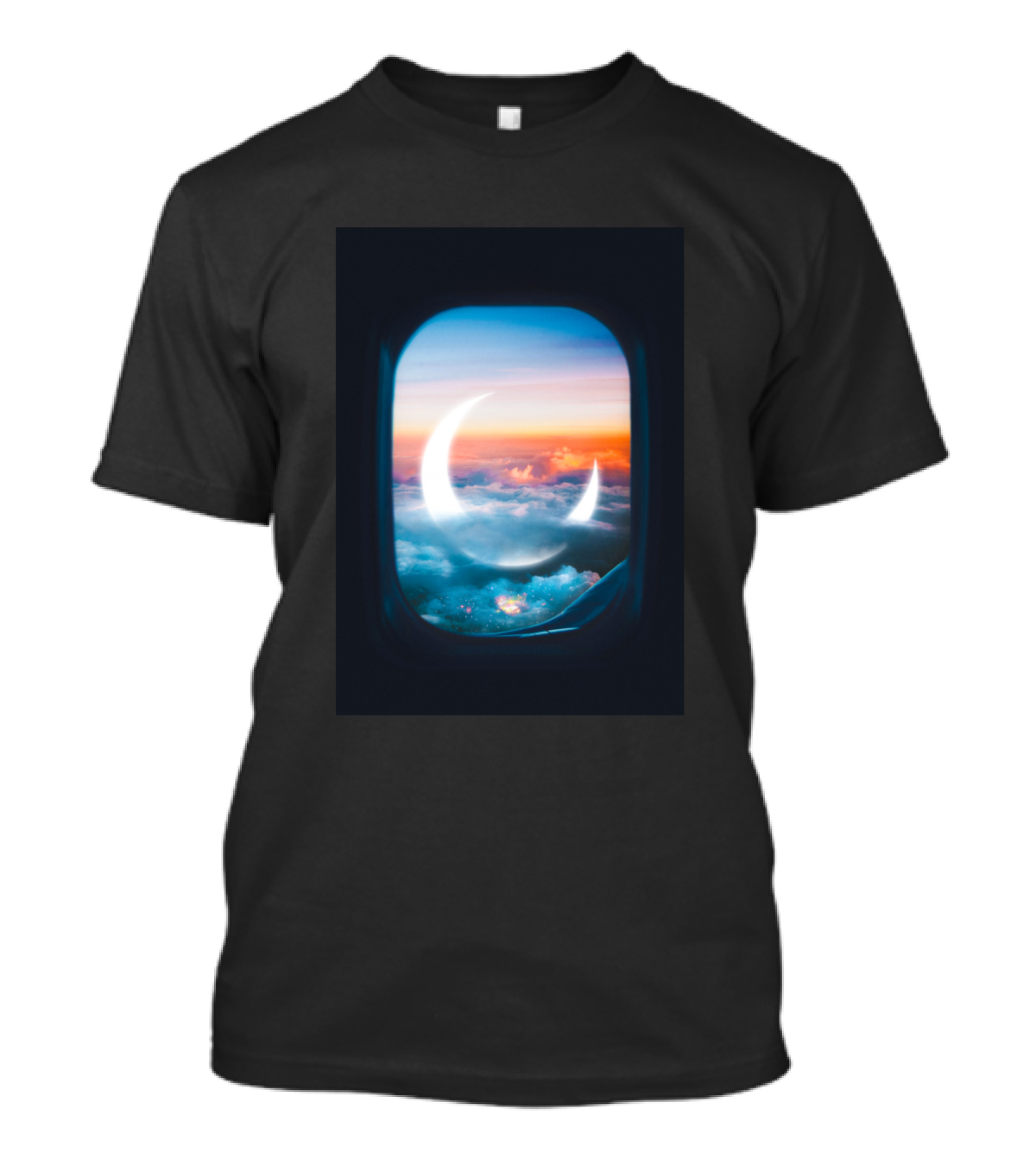 Bliss Airplane Window Crescent Moon Above Clouds T-Shirt