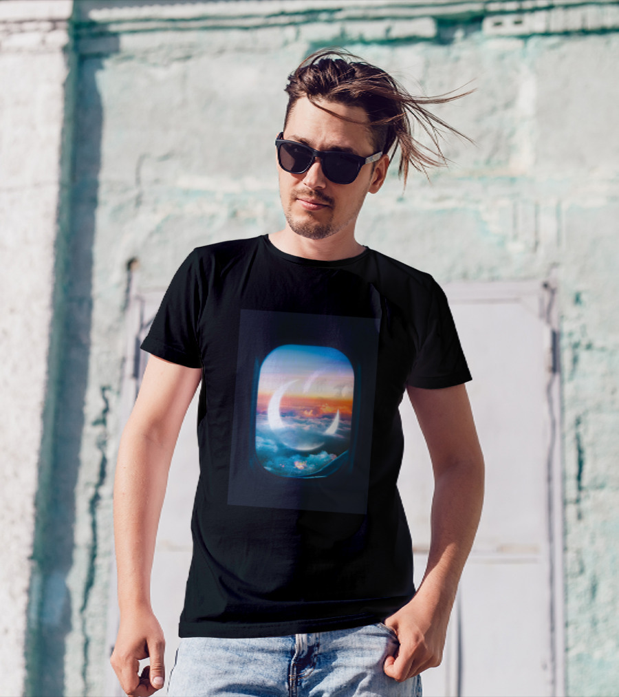 Bliss Airplane Window Crescent Moon Above Clouds T-Shirt