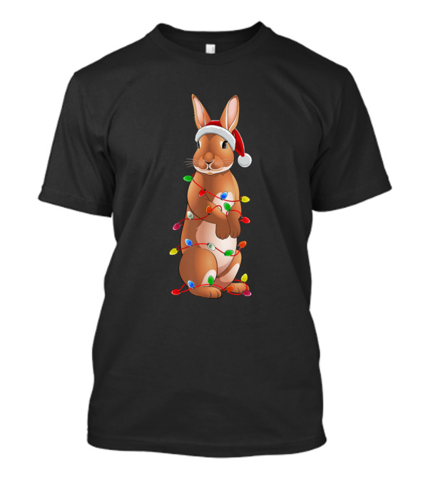 Bunny Rabbit With Christmas Tree Lights And Santa Hat Decor T-Shirt
