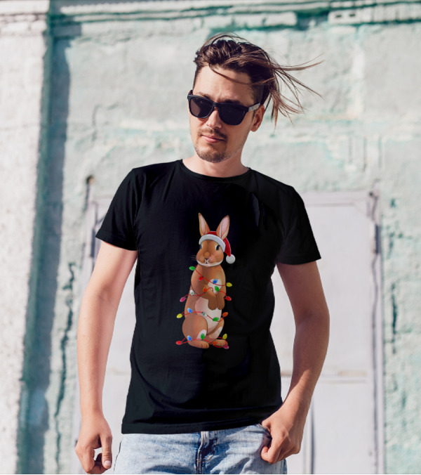 Bunny Rabbit With Christmas Tree Lights And Santa Hat Decor T-Shirt