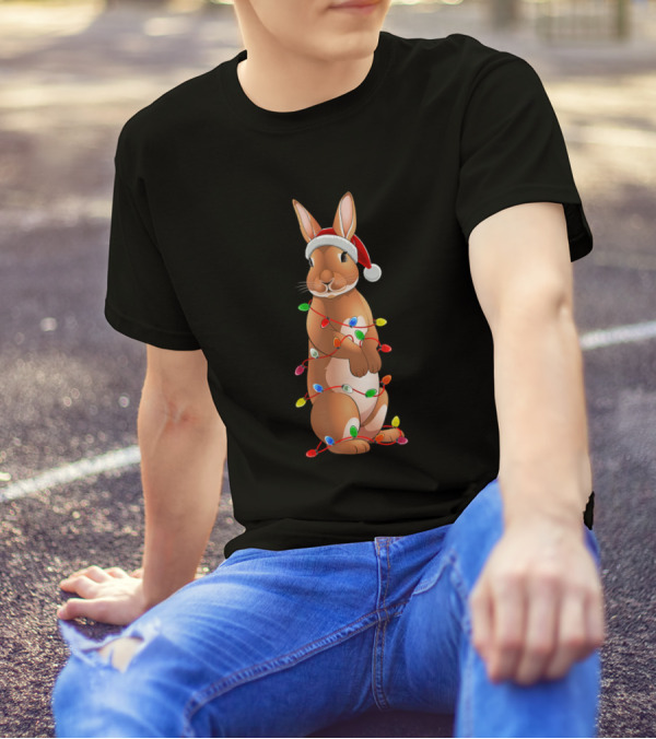 Bunny Rabbit With Christmas Tree Lights And Santa Hat Decor T-Shirt