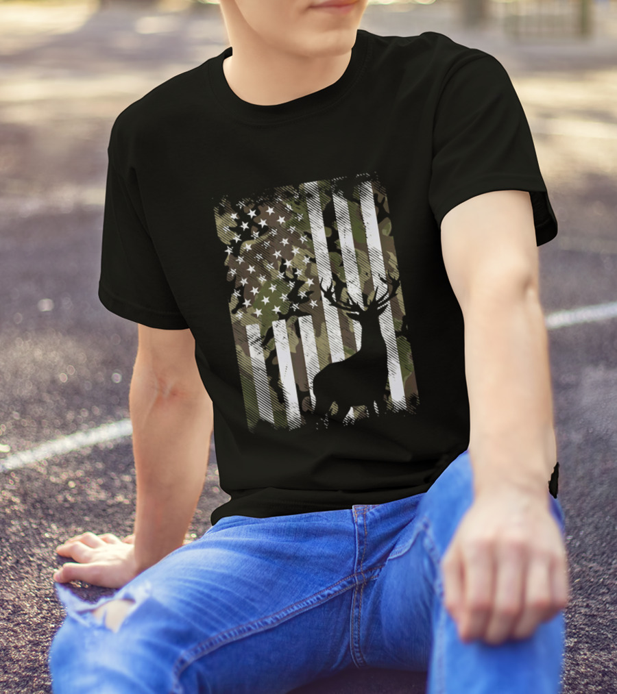 American Flag Camo Print With Deer T-Shirt