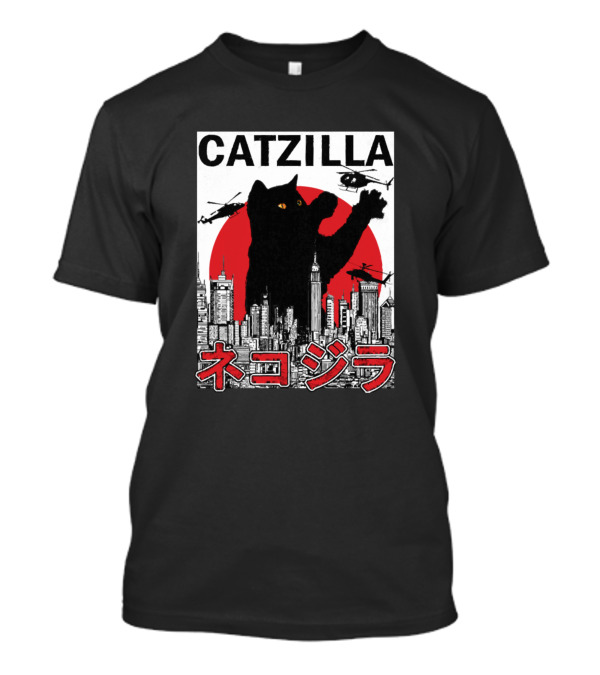 CATZILLA Giant Cat Over City With Helicopters Red Sun T-Shirt