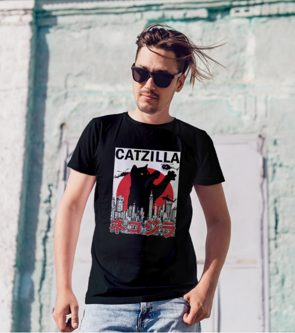 CATZILLA Giant Cat Over City With Helicopters Red Sun T-Shirt