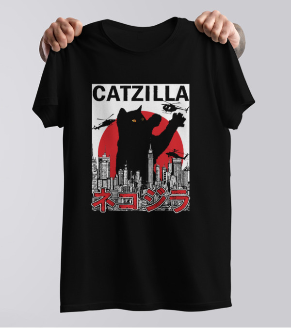 CATZILLA Giant Cat Over City With Helicopters Red Sun T-Shirt