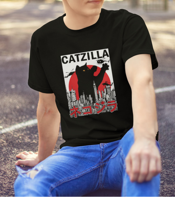 CATZILLA Giant Cat Over City With Helicopters Red Sun T-Shirt