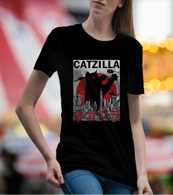 CATZILLA Giant Cat Over City With Helicopters Red Sun T-Shirt