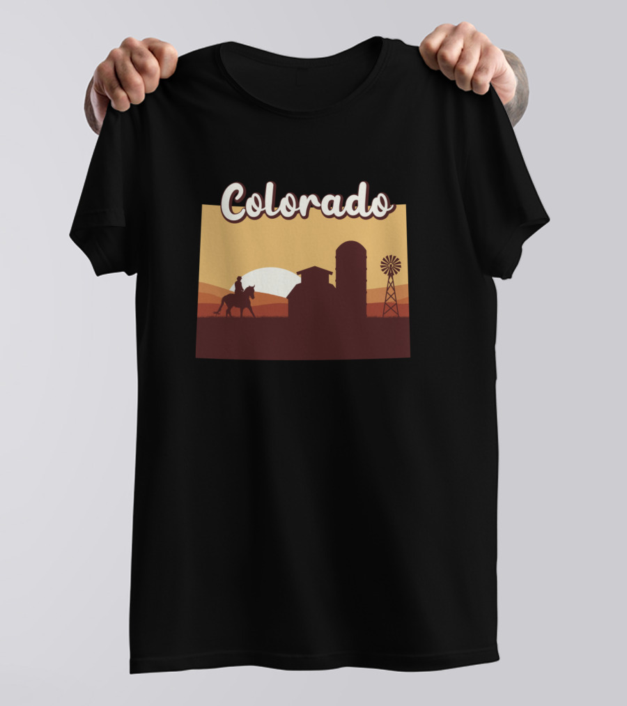 Colorado Cowboy Horse Riding Barn And Windmill Scene T-Shirt