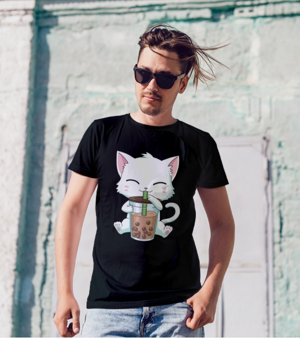 Kawaii Cat With Bubble Tea Boba Milk Anime T-Shirt